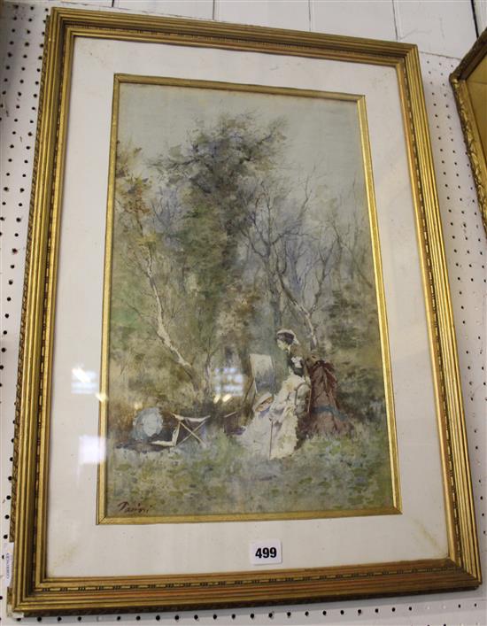 Julian Parini (c.1900) Lady artists in woodland, 19.5 x 11.5in(-)